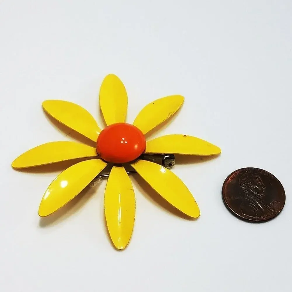 Vintage 1960s Yellow Enamel Daisy Flower Brooch Orange Center Mod Pin Jewelry